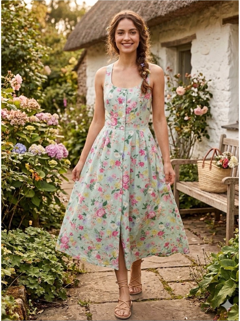 VTG Carol Anderson Floral Mint Garden Party Fit Flare Cottagecore Midi Dress 10